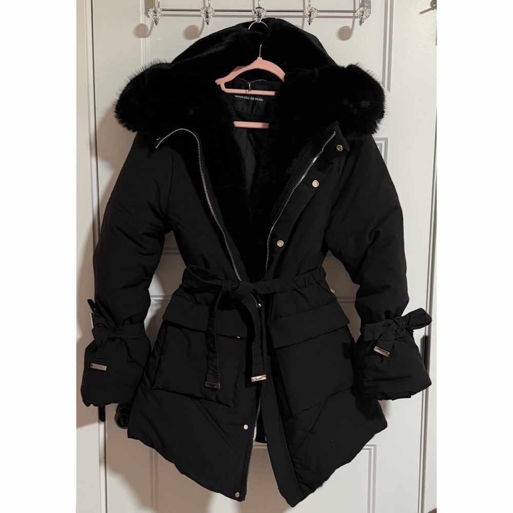 Maniere De Voir Black Puffer Jacket with Faux Fur Trim - Picture 6 of 13